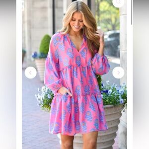 Chic Long Sleeve Floral Dress in Pink and Blue
